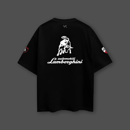 Lamborghini black oversize t-shirt featuring a logo and bull design on the back
