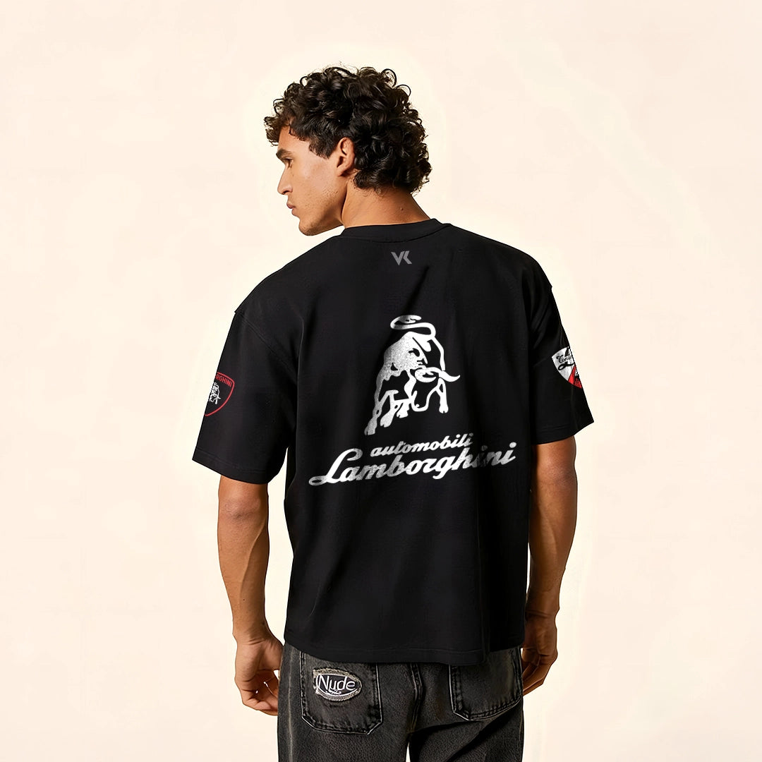 Lamborghini black oversize t-shirt featuring logo and graphic design on the back