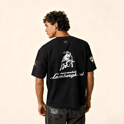 Lamborghini black oversize t-shirt featuring logo and graphic design on the back