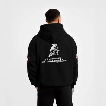 Lamborghini black oversized hoodie with logo on back and hood for stylish comfort