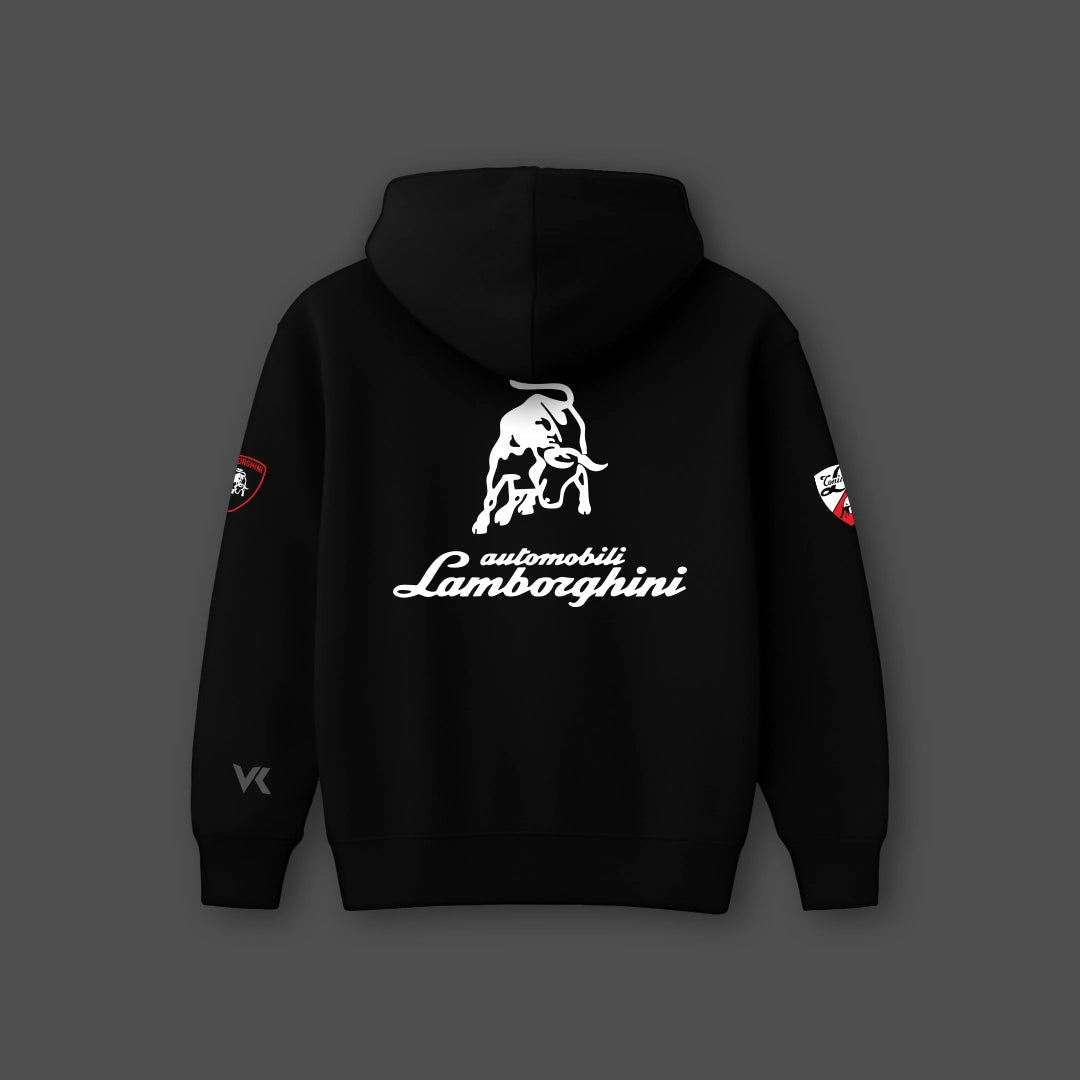 Lamborghini black oversized hoodie featuring a logo and design on the back for a stylish look