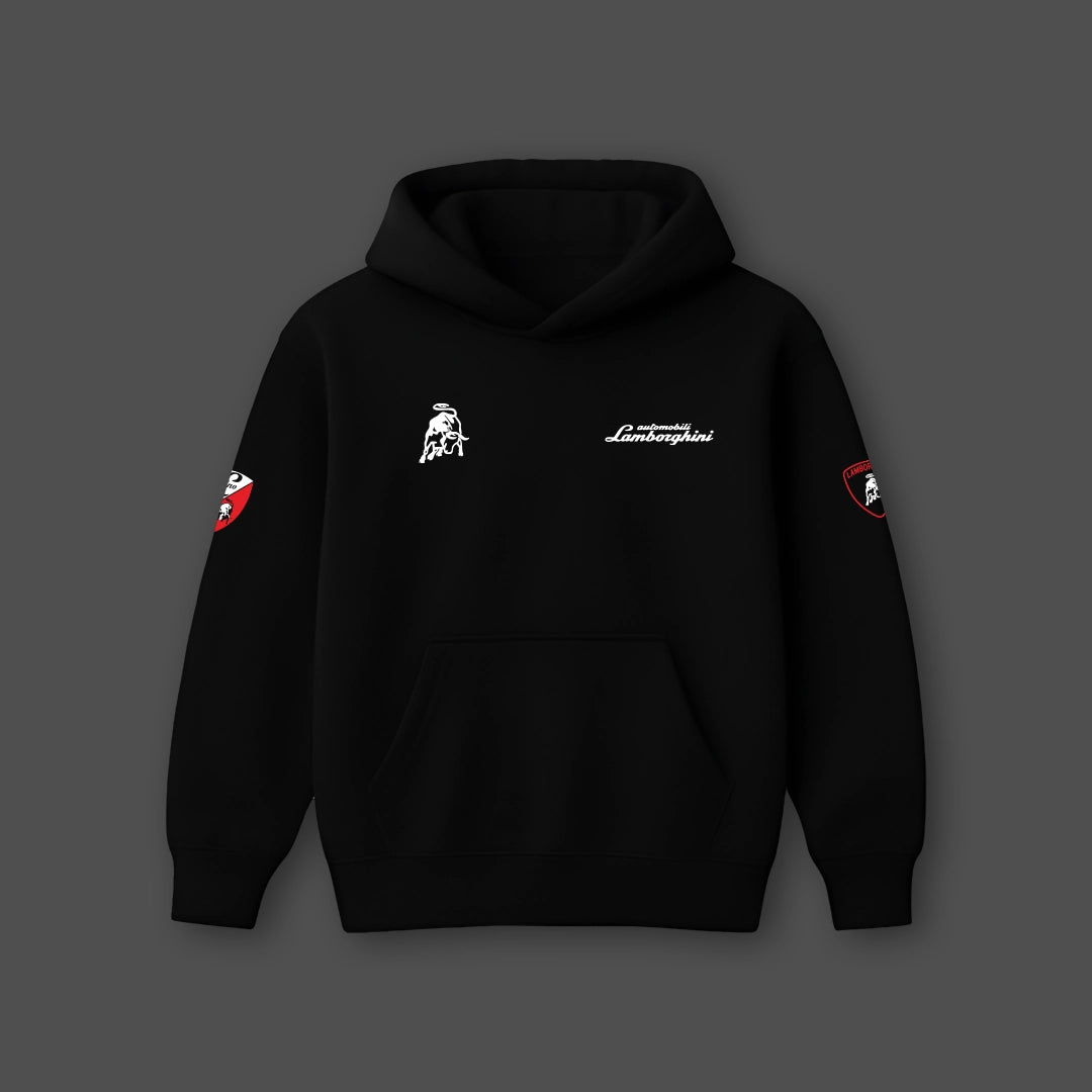 Lamborghini black oversized hoodie with logo and patch details for a stylish streetwear look