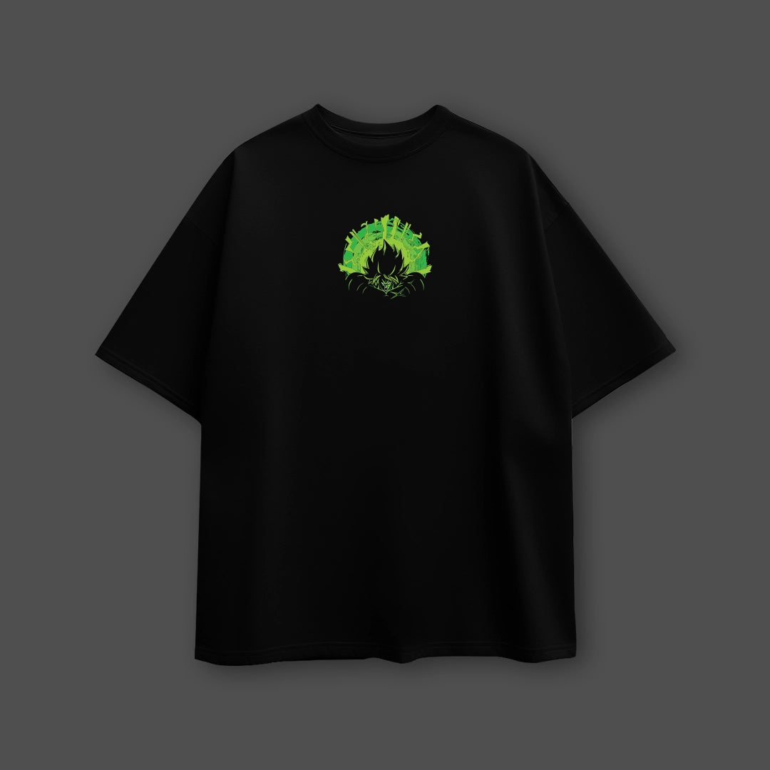 Oversize black t-shirt featuring Legendary Saiyan Broly design in vibrant green color