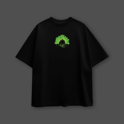 Oversize black t-shirt featuring Legendary Saiyan Broly design in vibrant green color