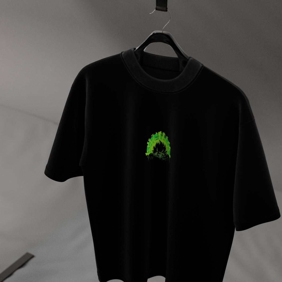 Oversize black t-shirt featuring Legendary Saiyan Broly graphic design in green color