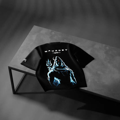 Mahadev black oversized t-shirt featuring a vibrant graphic design on the back