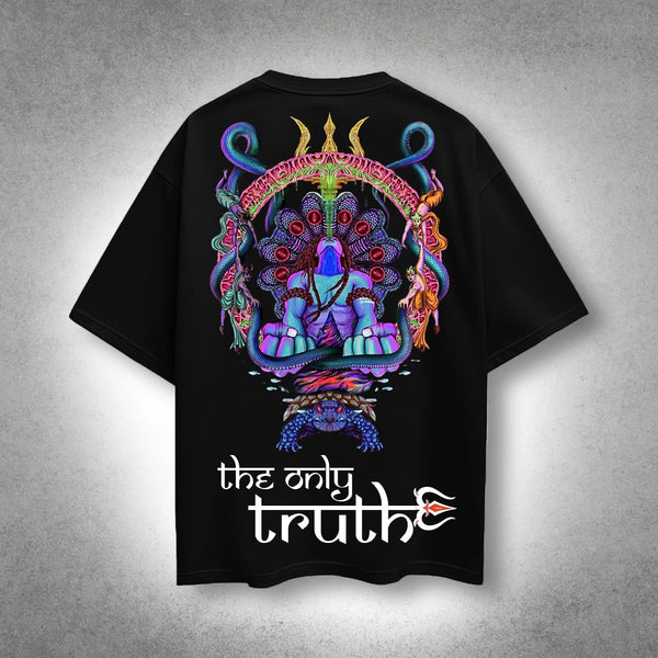 Vlack Mahadev Print Tshirt with colorful Shiva design and The Only Truth text on black Mahadev Oversize Tshirt
