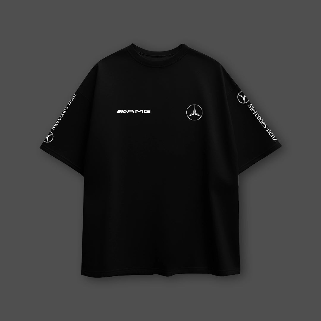 Oversize Vlack Mercedes AMG black t-shirt featuring logo prints on sleeves and chest