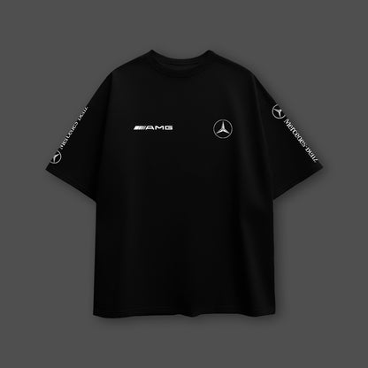 Oversize Vlack Mercedes AMG black t-shirt featuring logo prints on sleeves and chest