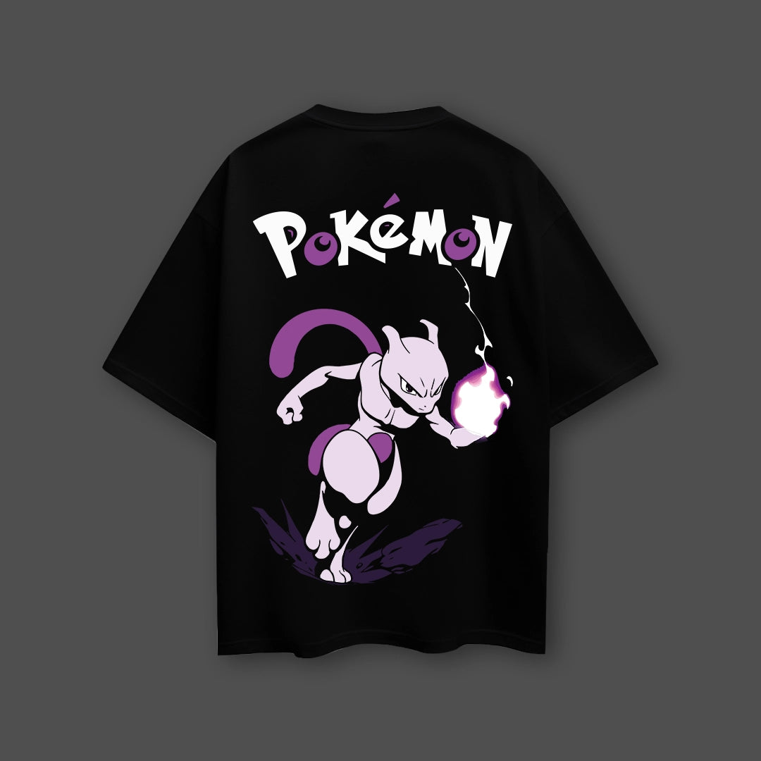 Mewtwo black oversized t-shirt featuring a vibrant graphic of Mewtwo from Pokemon