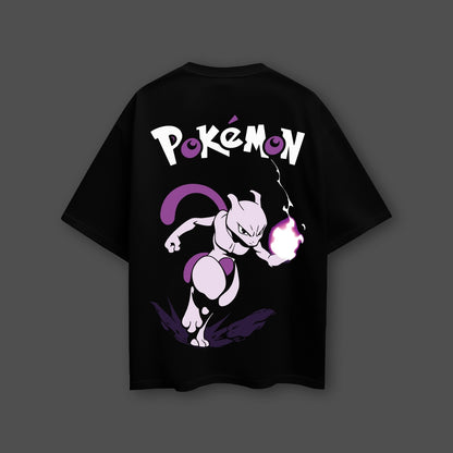 Mewtwo black oversized t-shirt featuring a vibrant graphic of Mewtwo from Pokemon