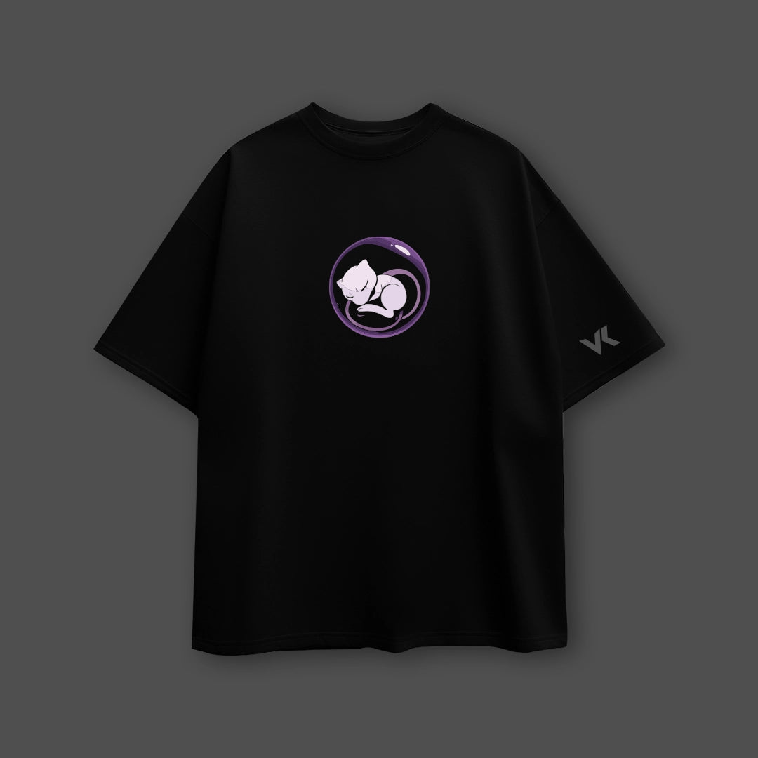 Mewtwo black oversized t-shirt featuring a sleek design with a circular graphic on the front