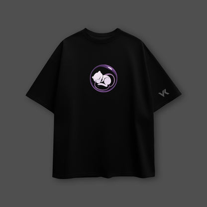 Mewtwo black oversized t-shirt featuring a sleek design with a circular graphic on the front
