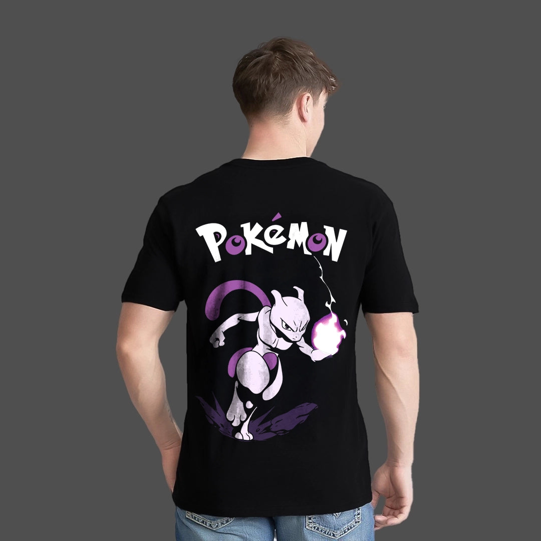 Mewtwo black t-shirt featuring a graphic of Mewtwo with Pokémon text on the back