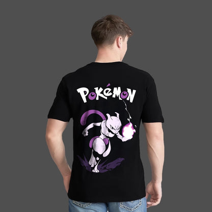 Mewtwo black t-shirt featuring a graphic of Mewtwo with Pokémon text on the back