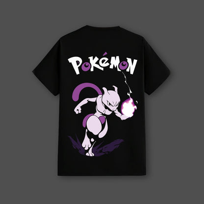 Mewtwo black t-shirt featuring a dynamic Pokémon graphic on the back for fans