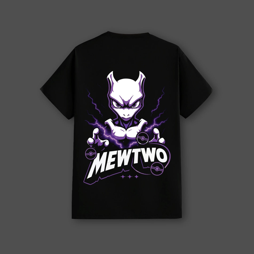 Mewtwo black t-shirt featuring bold graphic design and vibrant colors on a regular fit fabric