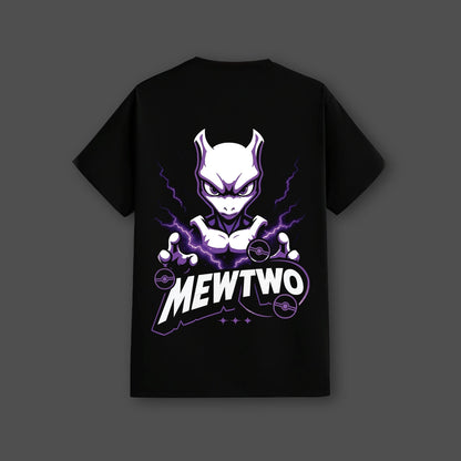 Mewtwo black t-shirt featuring bold graphic design and vibrant colors on a regular fit fabric