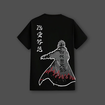 Minato streetwear black t-shirt featuring a graphic design with flames and Japanese text