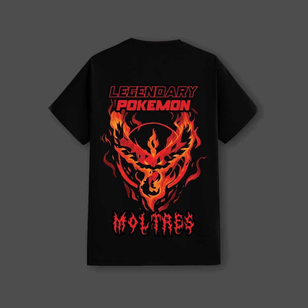 Moltres black t-shirt featuring fiery design and Legendary Pokemon text on the back