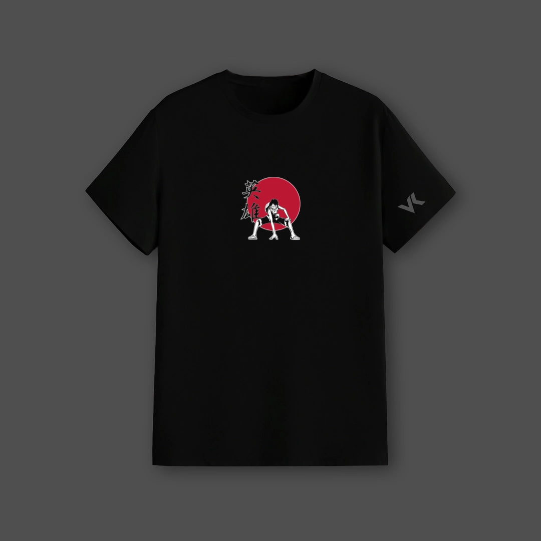 Monkey D. Luffy black t-shirt featuring vibrant graphic design with a bold red background