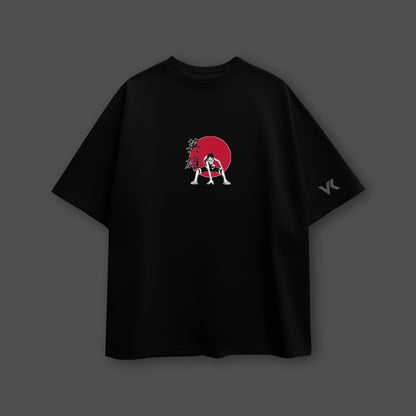 Monkey D. Luffy oversized black t-shirt featuring a bold graphic design with a red sun