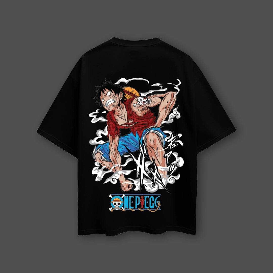Monkey D. Luffy oversized black t-shirt featuring vibrant artwork with a One Piece logo