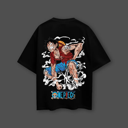 Monkey D. Luffy oversized black t-shirt featuring vibrant artwork with a One Piece logo