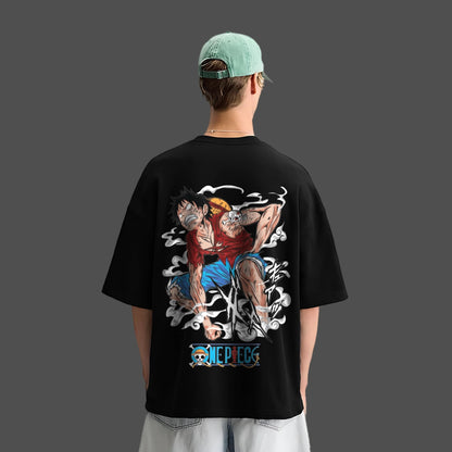 Monkey D. Luffy oversized black t-shirt featuring bold graphics and comfortable fit for anime fans