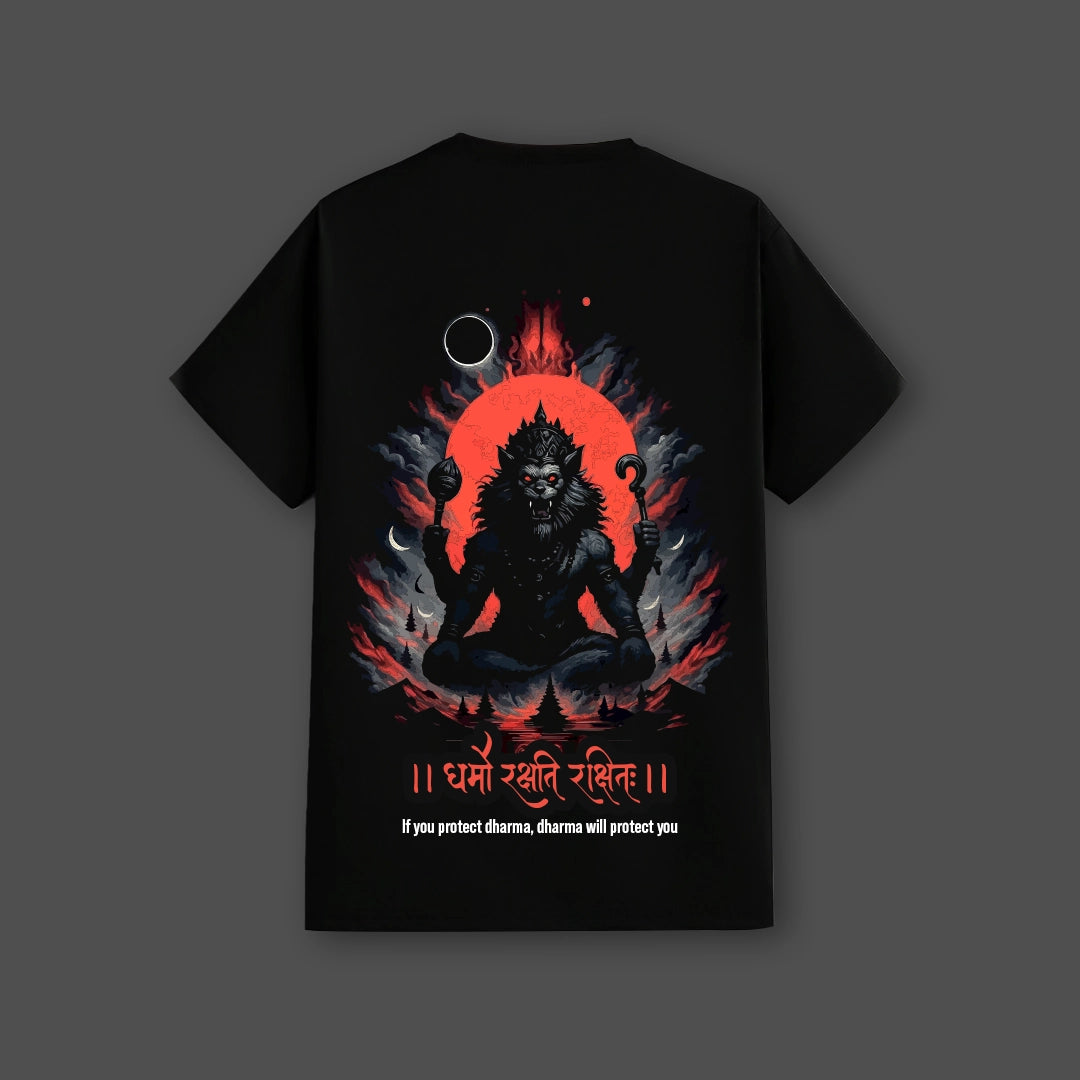Narasimha black t-shirt featuring a graphic of the deity with a powerful design in vibrant colors