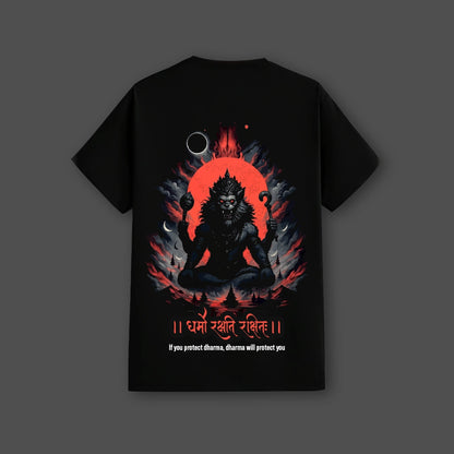 Narasimha black t-shirt featuring a graphic of the deity with a powerful design in vibrant colors