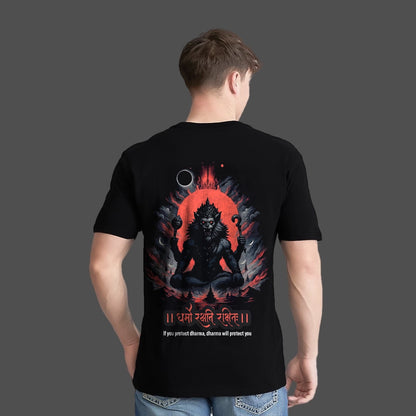 Regular Fit Narasimha black t-shirt featuring a bold graphic design and inspirational text