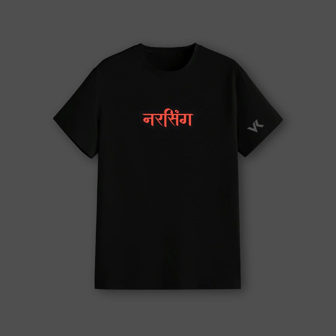 Narasimha black t-shirt featuring vibrant red lettering on a regular fit design