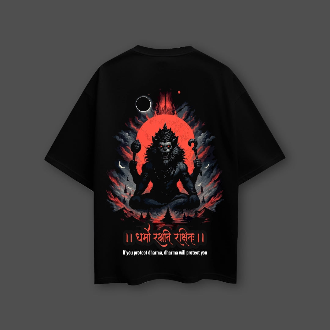Narasimha oversized black t-shirt featuring a striking graphic design of Narasimha with a motivational quote