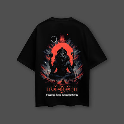 Narasimha oversized black t-shirt featuring a striking graphic design of Narasimha with a motivational quote