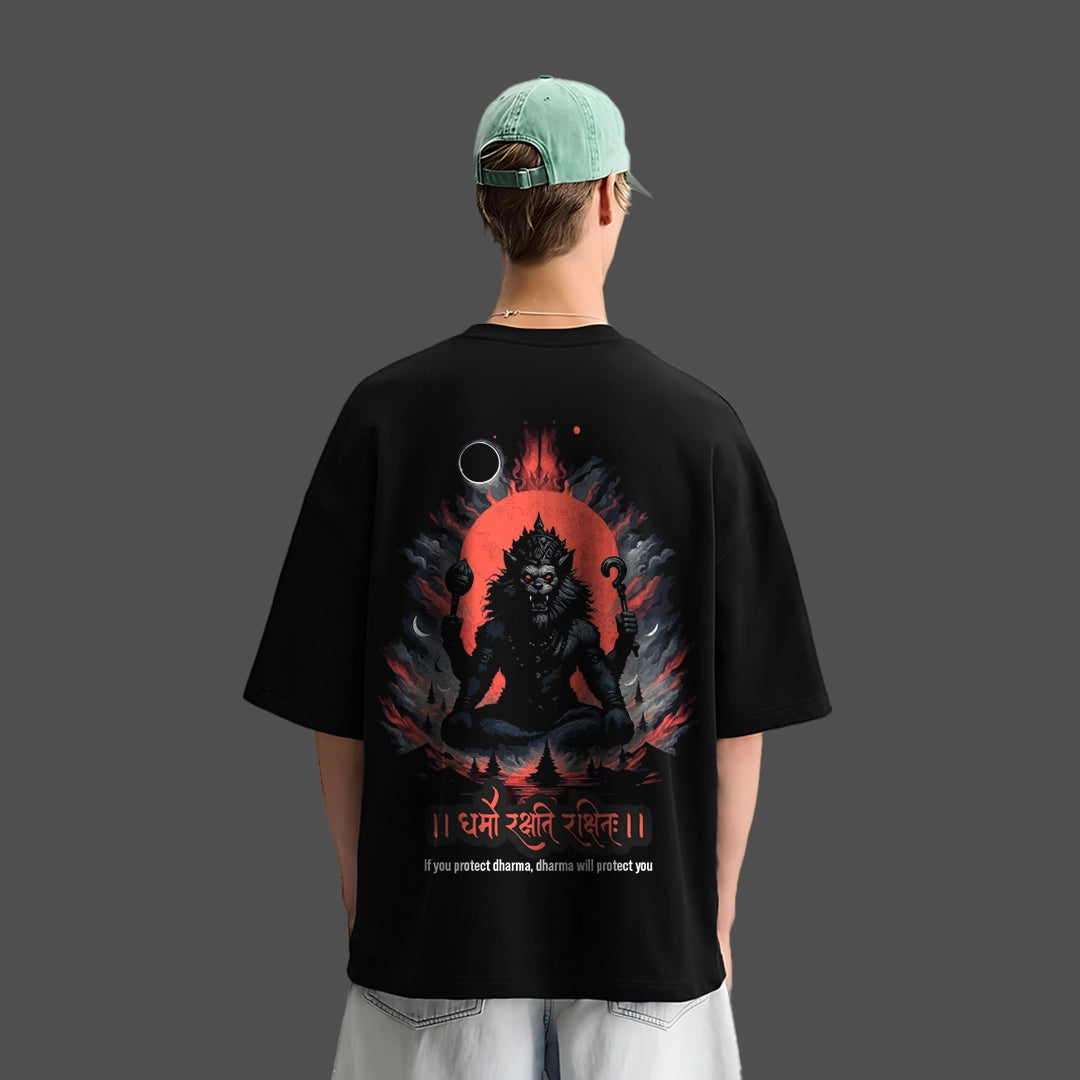 Narasimha oversized black t-shirt with bold graphic print on the back featuring a mythical design