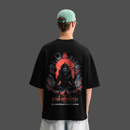 Narasimha oversized black t-shirt with bold graphic print on the back featuring a mythical design