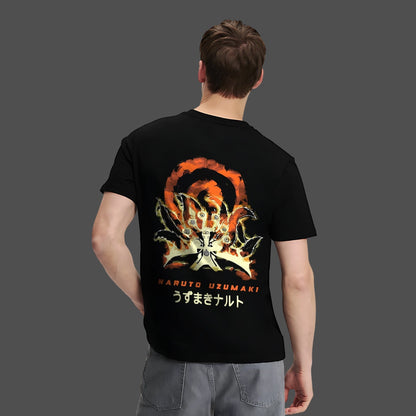Nine Tails Naruto black t-shirt featuring a vibrant orange and gold graphic design