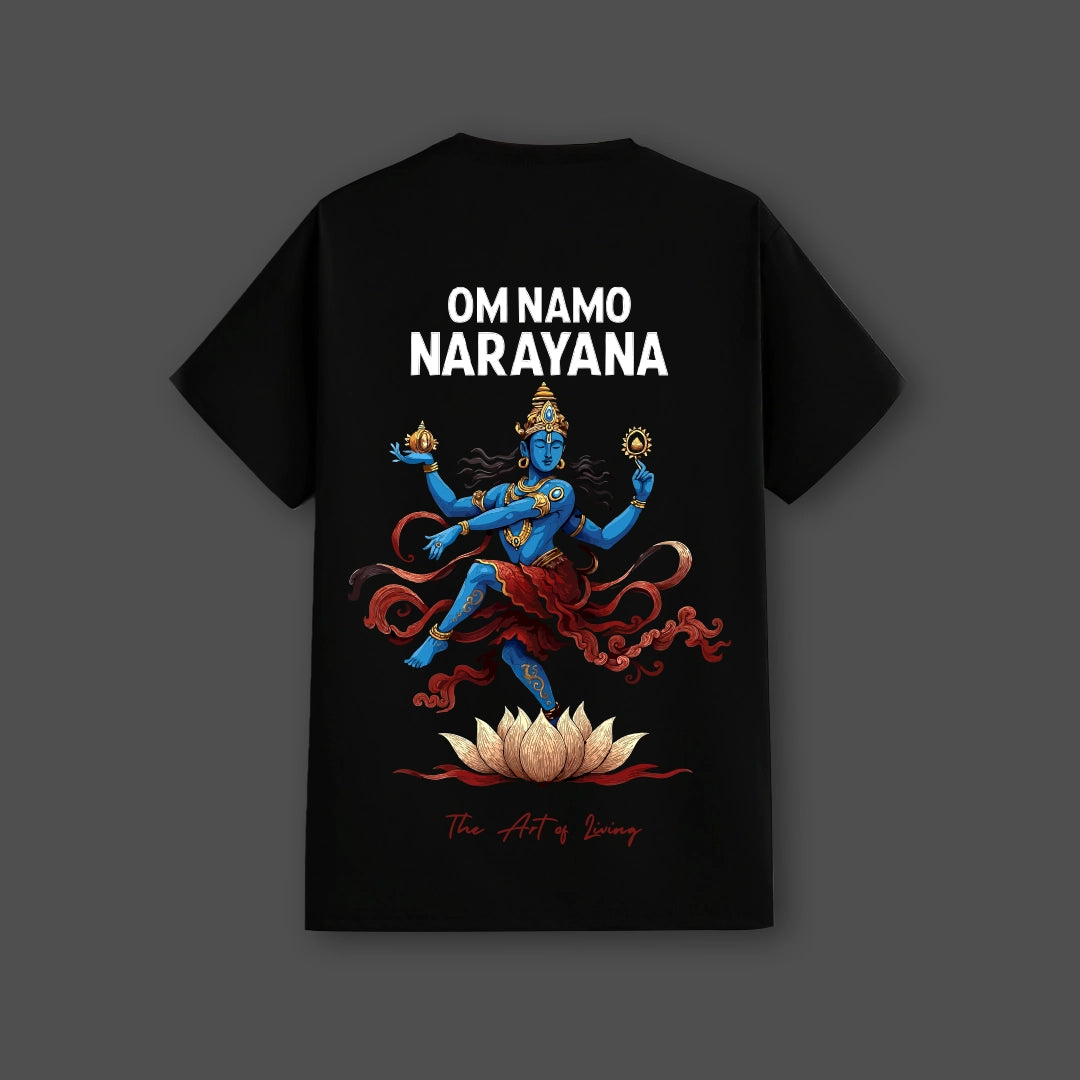 Om Namo Narayana black t-shirt with vibrant artwork featuring a blue deity and lotus design