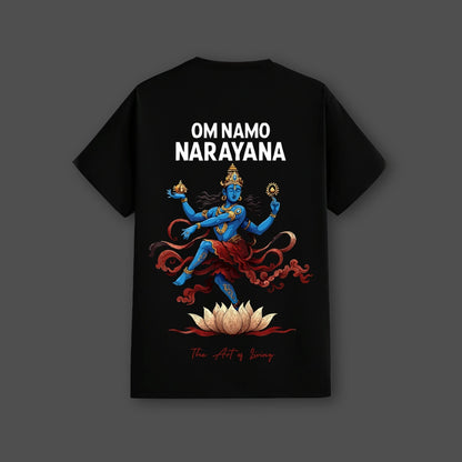 Om Namo Narayana black t-shirt with vibrant artwork featuring a blue deity and lotus design