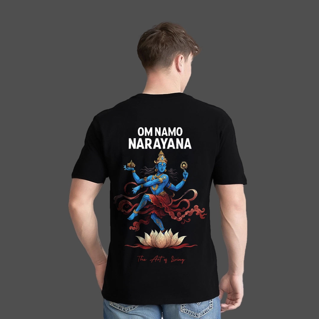 Om Namo Narayana black t-shirt featuring a vibrant design of a deity with lotus artwork