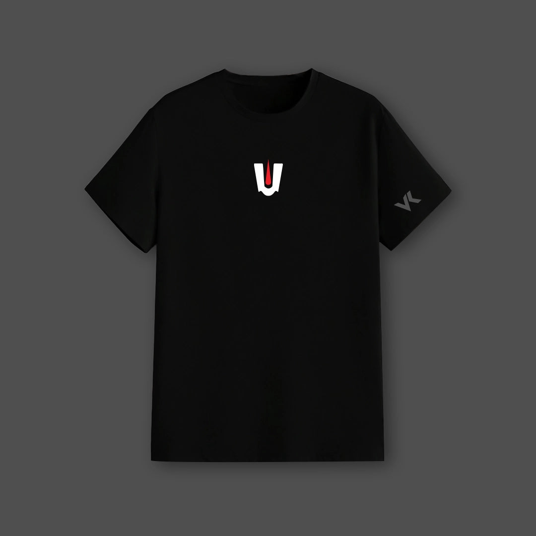 Om Namo Narayana black t-shirt in regular fit with unique logo design for casual wear