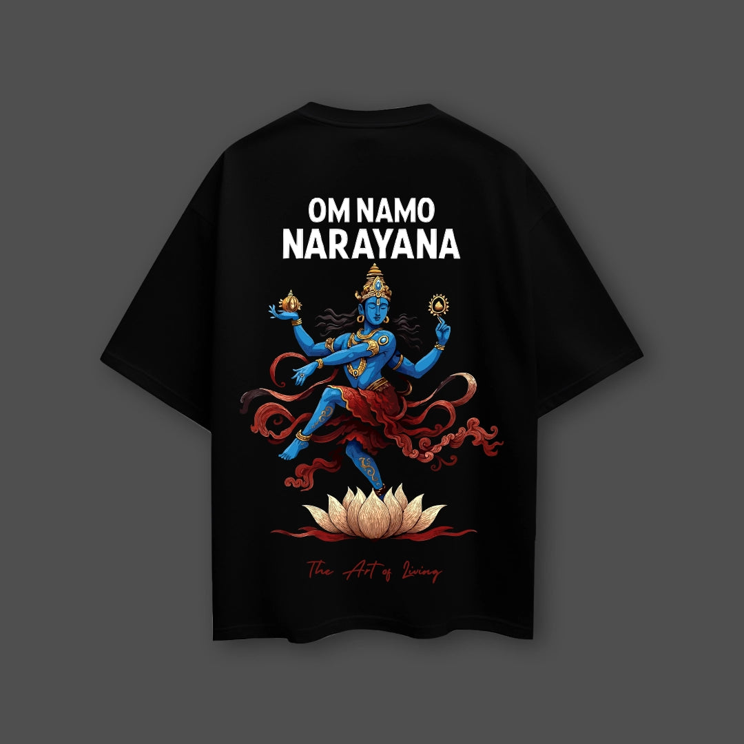 Om Namo Narayana oversized black t-shirt featuring vibrant art of a deity with lotus design