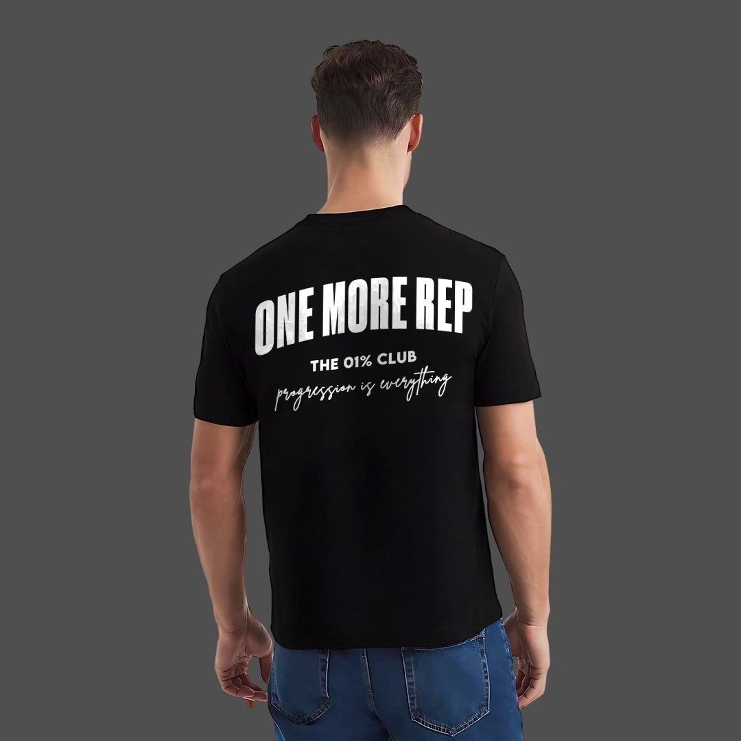 Back view of a Vlack regular fit one more rep black t-shirt featuring bold text and stylish design