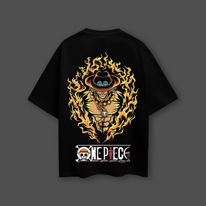One Piece Ace black oversized t-shirt featuring vibrant flame design and character graphic