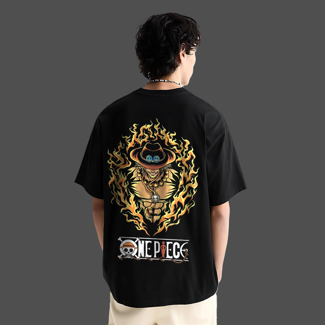 One Piece Ace black oversized t-shirt featuring a vibrant character design on the back