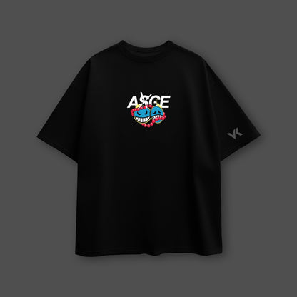 Vlack One Piece Ace black oversized t-shirt featuring a colorful graphic design on the front