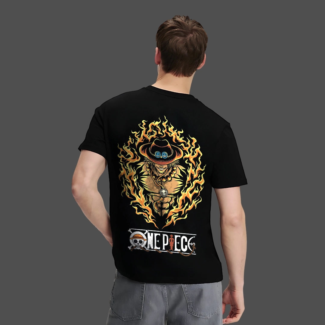 One Piece Ace black t-shirt featuring a vibrant graphic of Ace surrounded by flames on a black background