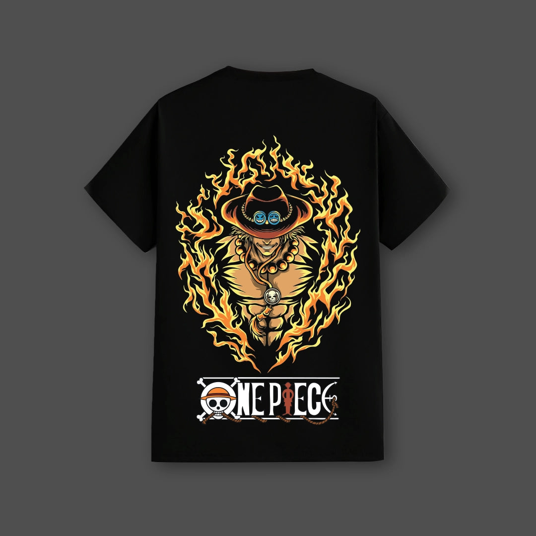 One Piece Ace black t-shirt featuring a vibrant design with flames and character details