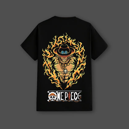 One Piece Ace black t-shirt featuring a vibrant design with flames and character details